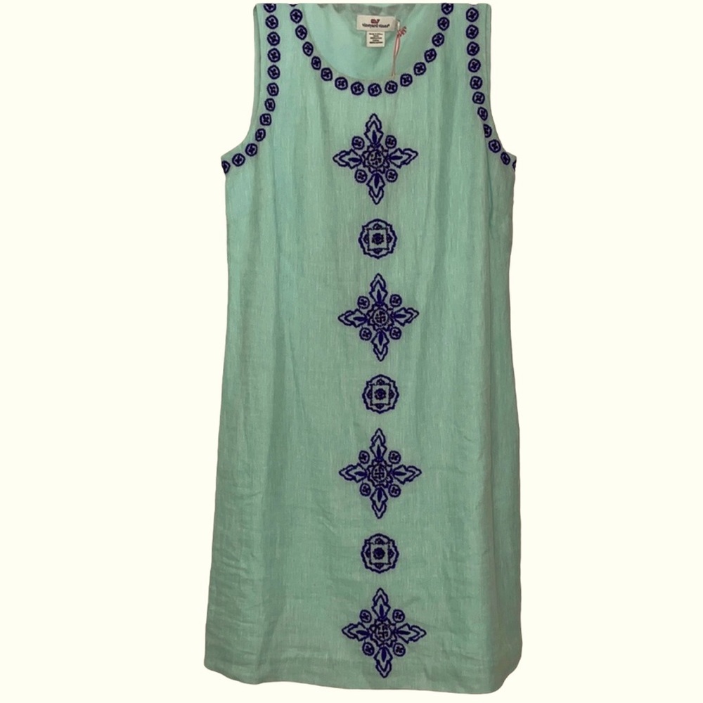 Vineyard Vines linen embellished aqua dress in size 4, NWT